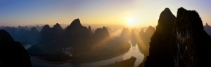 Panoramic image of sunrise in the Quilin Karstlands. Photo Tour China